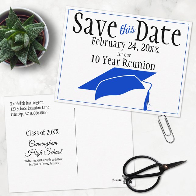Reunion Class Save The Date Blue Graduation Cap Postcard (Creator Uploaded)