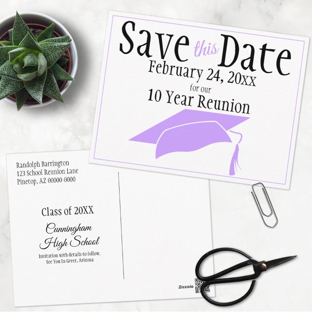 Reunion Class Save The Date  Violet Graduation Cap Postcard (Creator Uploaded)