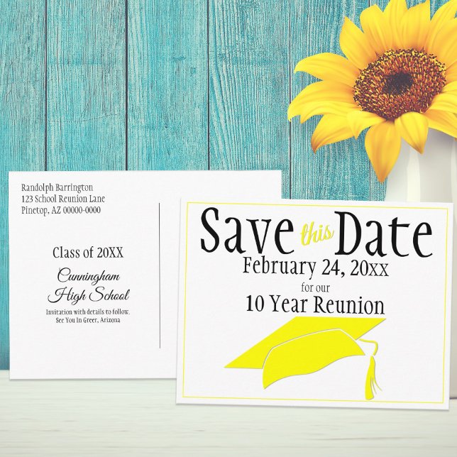 Reunion Class Save The Date  Yellow Graduation Cap Postcard (Creator Uploaded)