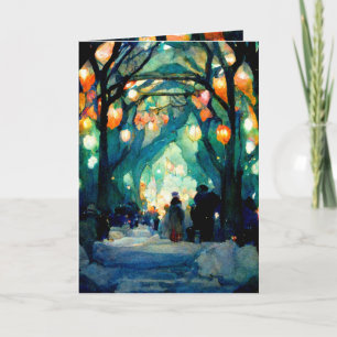 Réunion du soir de carte de Noël lumières colorées