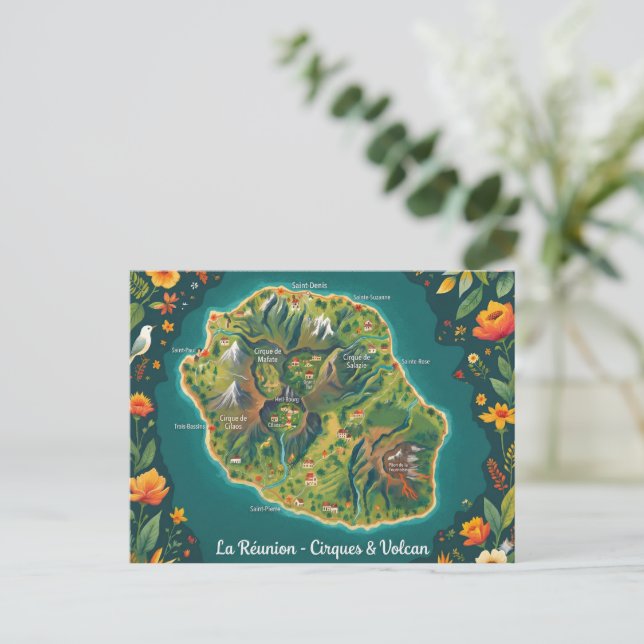 Reunion Island - Cirques & Volcano | Illustrated M Postcard (Standing Front)