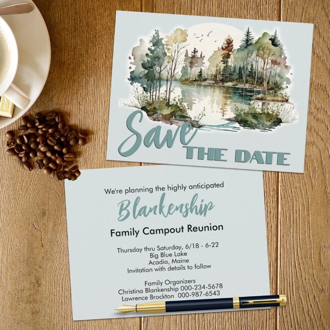 Reunion Party Lakeside Scenery Announcement  (This lakeside scene family reunion save the date announcement also serves as the invitation. )