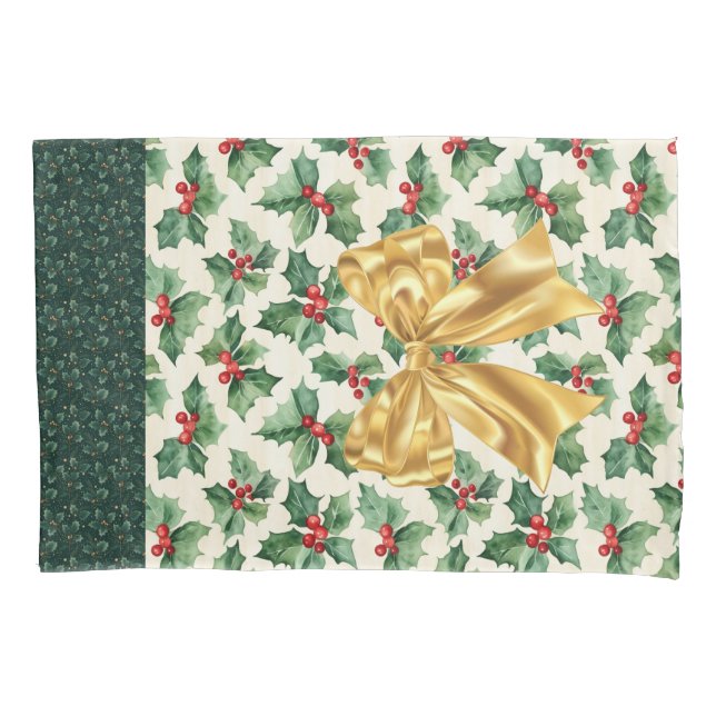 Reuseable Christmas Gift Wrap - Bag Green Holly  Pillowcase (Front)