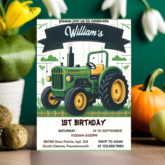 Rev kids retro boy cool tractor first 1st birthday invitation (Creator Uploaded)