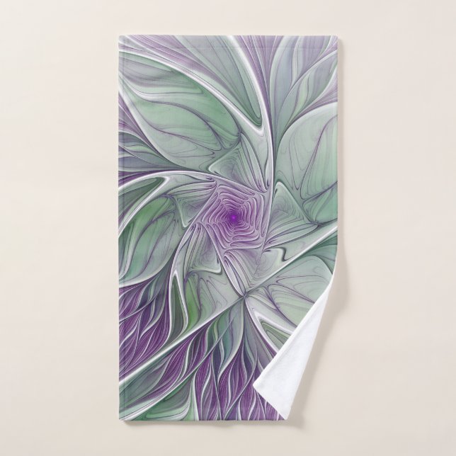 Rêve de fleurs, Abstrait violet vert Fractal Art (Serviette à main)