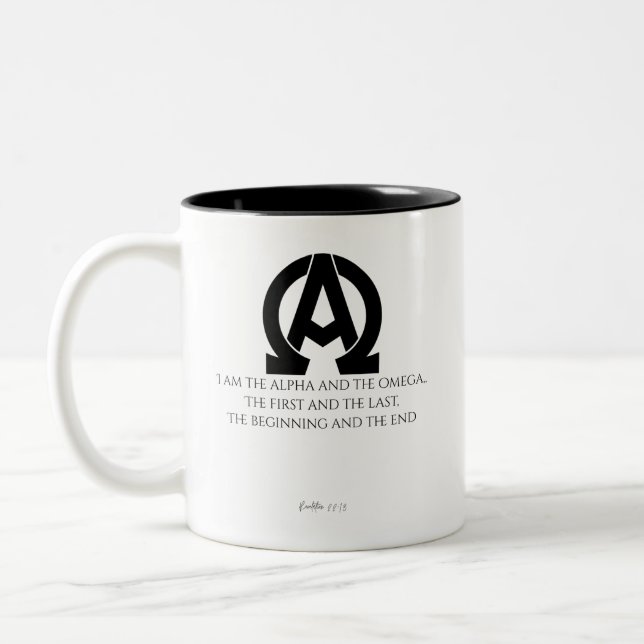 Revelation 22:13: "I am the Alpha and the Omega" Two-Tone Coffee Mug (Left)