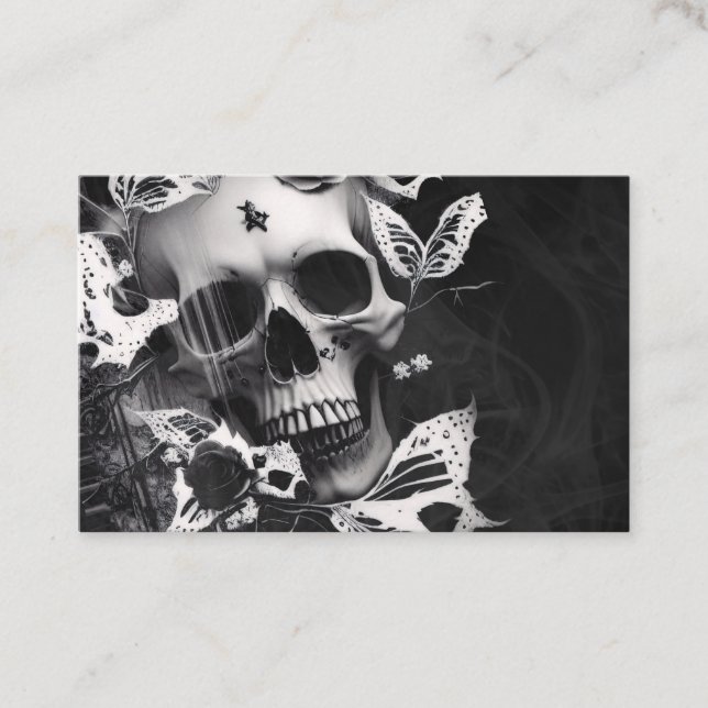 Revenant's Embrace: Black and White Graphic Skull  Business Card (Front)