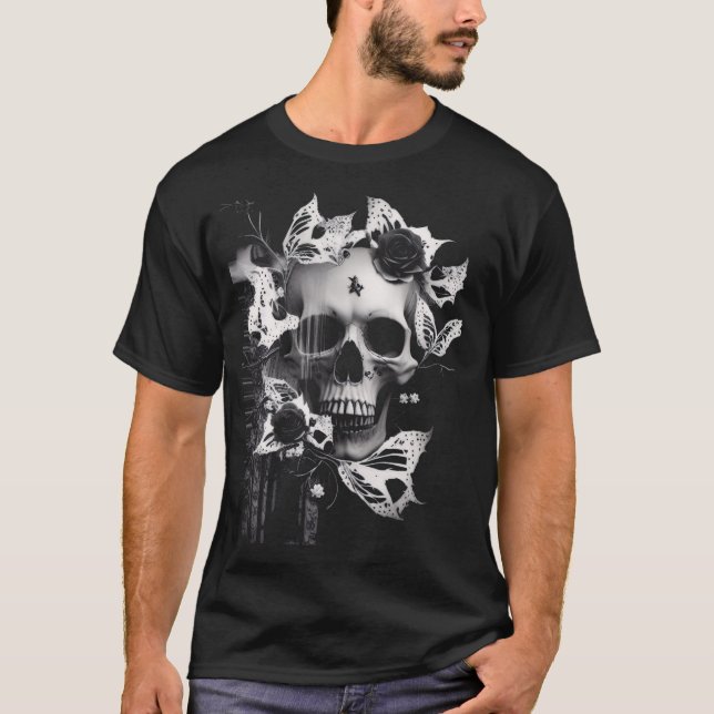 Revenant's Embrace: Black and White Graphic Skull  T-Shirt (Front)