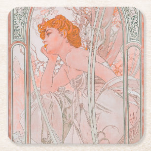 Reverie du Soir (1899) by Alphonse Mucha Square Paper Coaster