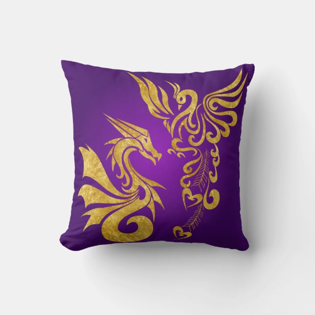 Reversable Feng Shui Phoenix & Dragon Pillow-purp Throw Pillow (Front)