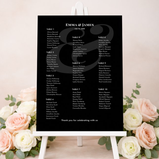 REVERSE Black Ampersand Wedding | 10 Seating Chart (Minimalist black wedding seating chart for 12 with white text and modern ampersand layout.)
