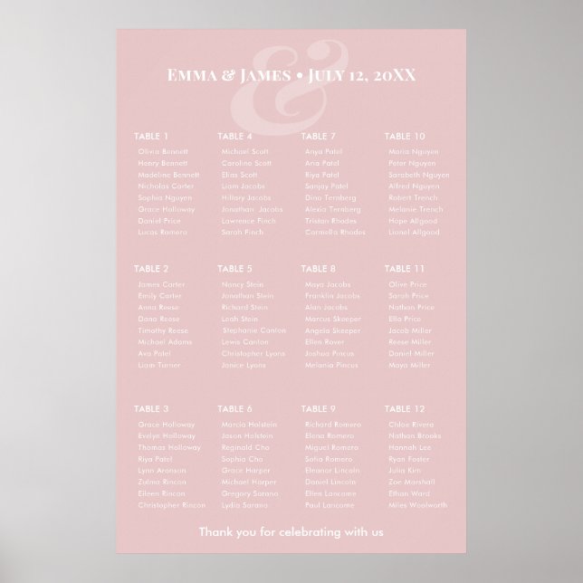 REVERSE Blush Ampersand Wedding | 12 Seating Chart (Front)