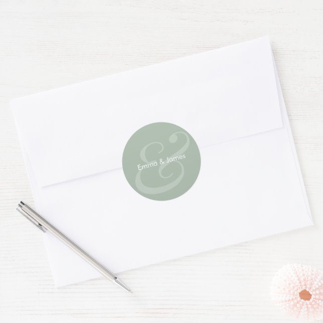 Reverse Sage Ampersand Wedding | Monogram Classic Round Sticker (Envelope)