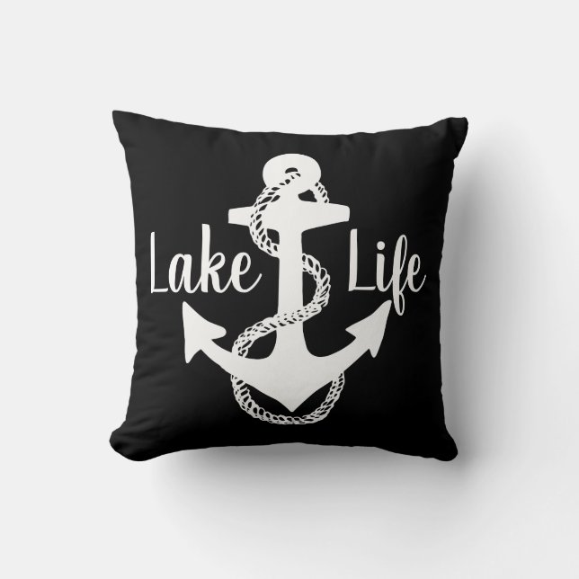 Reverse two-sided nautical LAKE LIFE + ANCHOR | Throw Pillow (Front)