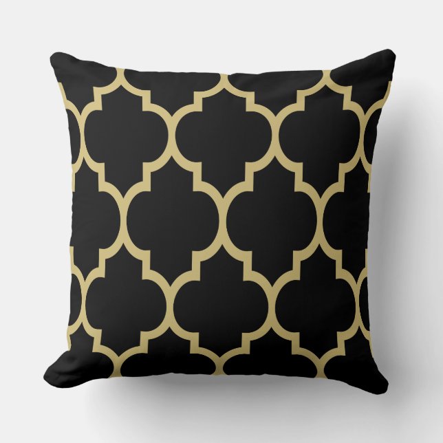Reversible Black And Gold Tan Quatrefoil Pattern 2 Throw Pillow (Front)