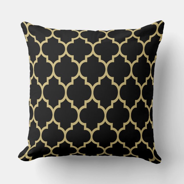 Reversible Black And Gold Tan Quatrefoil Pattern Throw Pillow (Front)