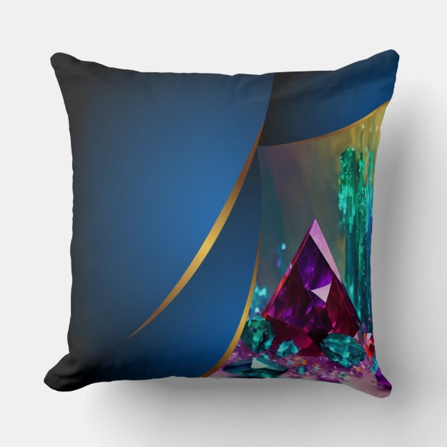 Reversible Blue Gold Trim Amethyst Crystals Throw Pillow (Front)
