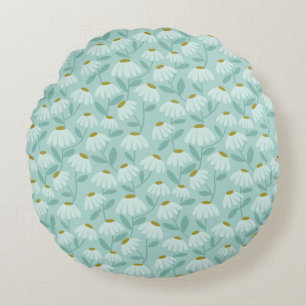 Reversible Blue & Green Daisies Floral Pattern Round Pillow