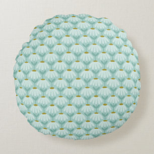 Reversible Blue & Green Daisies Floral Pattern Round Pillow