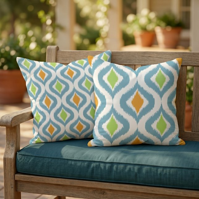 Reversible Bold Colourful Summery Ikat Pattern Outdoor Pillow (Creator Uploaded)