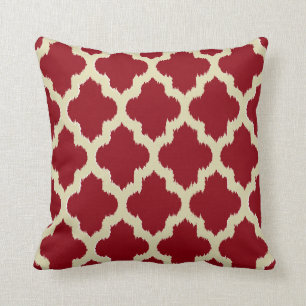 Reversible Burgundy, Gold And Tan Quatrefoil Ikat Throw Pillow