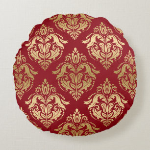 Reversible Burgundy & Gold Vintage Floral Damasks Round Pillow