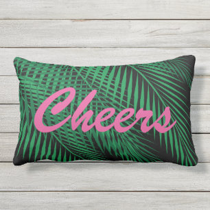 Reversible Cheers Tropical Palm Leaves on Black Outdoor Pillow