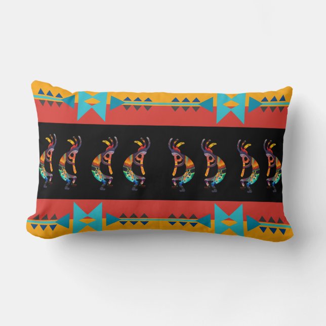 Reversible Colourful Kokopelli Southwestern  Lumbar Pillow (Front)