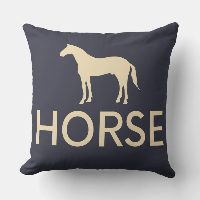 Reversible Dark Blue & Cream Horse Equestrian Throw Pillow (Front)