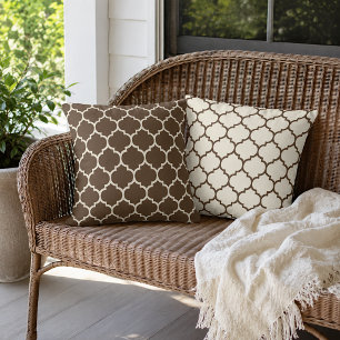 Reversible Dark Brown Ivory Boho Lattice Art Outdoor Pillow