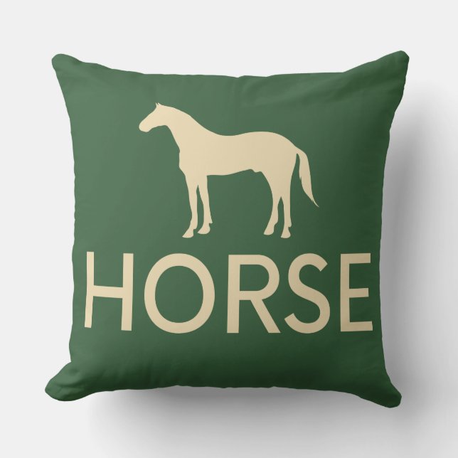 Reversible Dark Green & Cream Horse Equestrian Throw Pillow (Front)