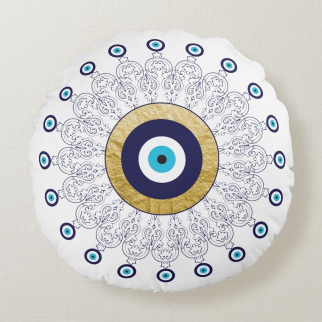 Reversible Evil Eye Mandala in Gold White and Blue Round Pillow (Front)
