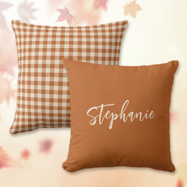 Reversible Fall Burnt Orange Gingham Plaid Name Throw Pillow (Creator Uploaded)