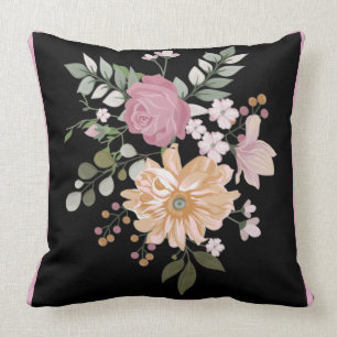 Reversible Flowers Foliage Black Green Background  Throw Pillow