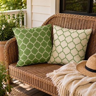 Reversible Forest Fern Green Ivory Boho Lattice Outdoor Pillow