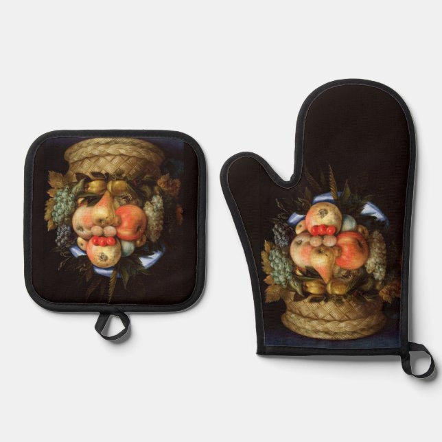 Reversible Head with Basket of Fruit  Oven Mitt & Pot Holder Set (Front)