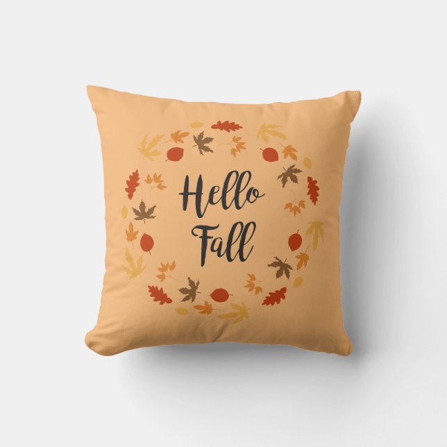 Reversible Hello Fall with Leaves Throw Pillow (Front)