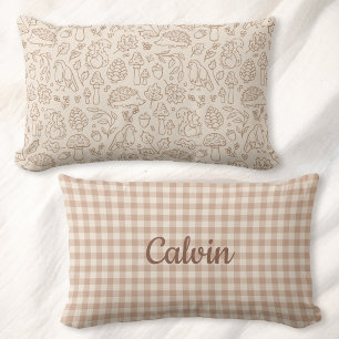 Reversible Kids Cottagecore Woodland Gingham Name Lumbar Pillow