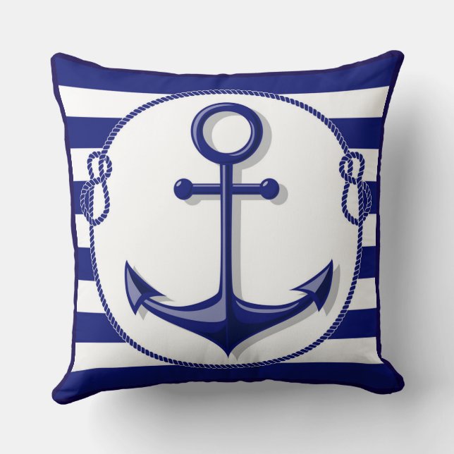 Reversible Marine Blue White Anchor and Rope Frame Throw Pillow (Back)