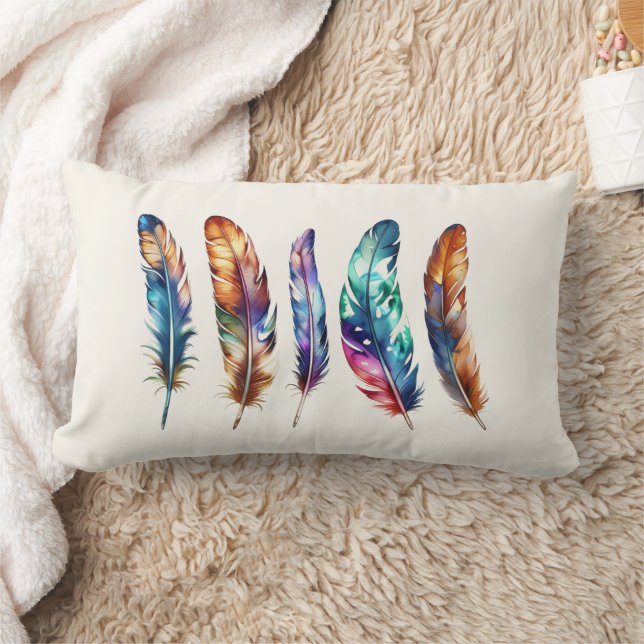 Reversible Multicolor Boho Feathers - Blue Graphic Lumbar Pillow (Blanket)