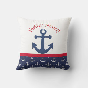Reversible Navy Blue & White Nautical Anchor  Outdoor Pillow