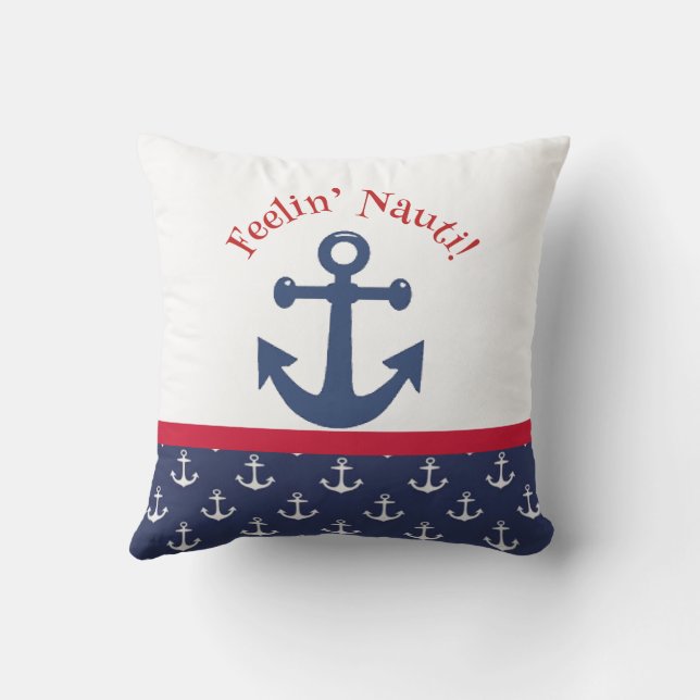 Reversible Navy Blue & White Nautical Anchor  Outdoor Pillow (Back)
