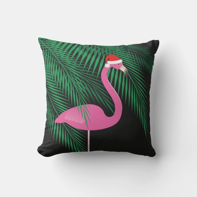 Reversible Pink and Black Santa Flamingo Pillow 1 (Front)