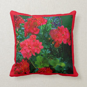 REVERSIBLE RED GERANIUMS GREEN GARDEN ART THROW PILLOW
