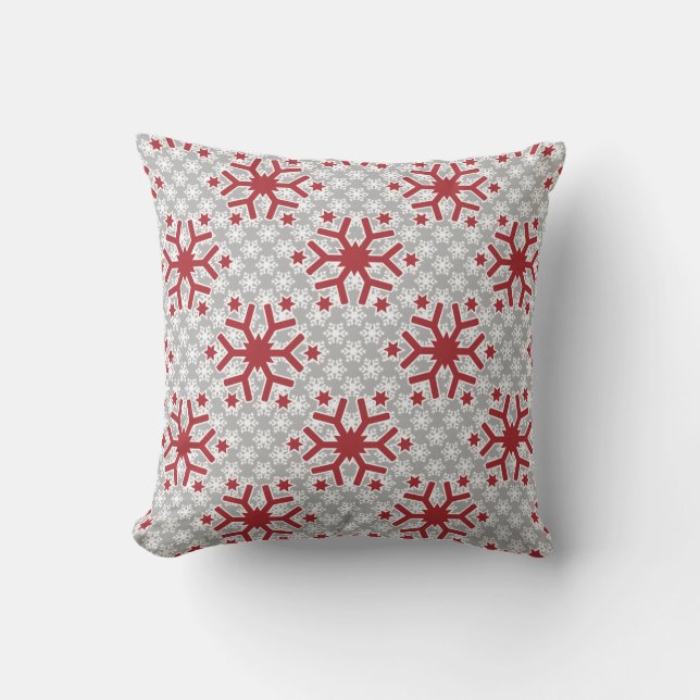 Reversible red snowflakes pattern grey winter throw pillow (Front)