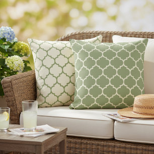Reversible Sage Green Ivory Boho Lattice Art Outdoor Pillow