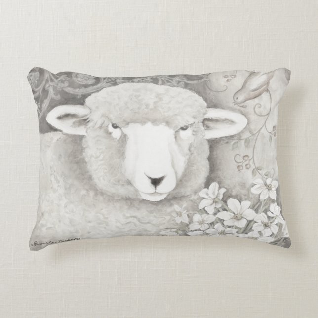 Reversible soft sheep & cow pillow in neutrals (Front)