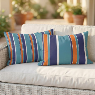 Reversible Teal Blue Green Orange White Stripe Lumbar Pillow