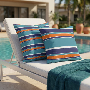 Reversible Teal Blue Green Orange White Stripe Outdoor Pillow