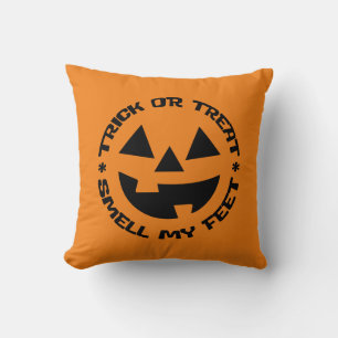 Reversible Trick or Treat Smell My Feet Pumpkin Throw Pillow